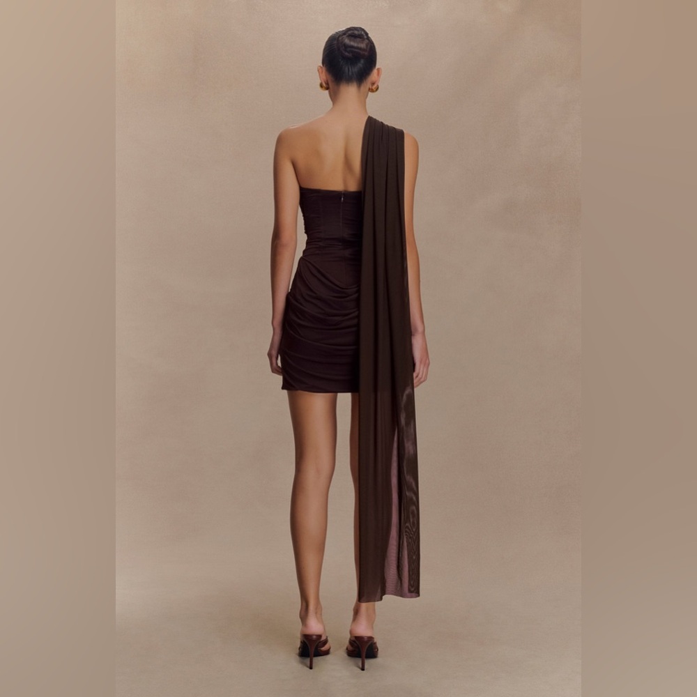 Meshki One-Shoulder Mini Dress in Dark Brown - Picture 2 of 6